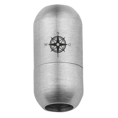 Edelstahl Magnetverschluss für 5 mm Bänder, Verschlussgröße 18,5 x 9 mm, Motiv Kompassrose, silberfarben 