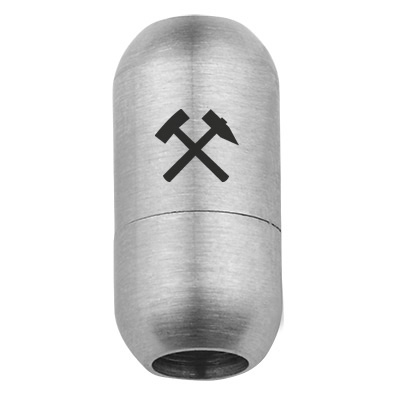 Roestvrijstalen magneetsluiting voor 5 mm banden, afmeting sluiting 18,5 x 9 mm, motief mijnwerkershamer en moker, zilverkleurig 