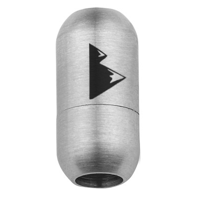 Roestvrijstalen magnetische sluiting voor 5 mm banden, sluitingmaat 18,5 x 9 mm, bergtopmotief, zilverkleurig 