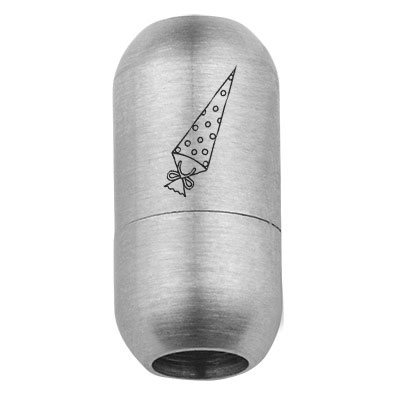 Roestvrijstalen magneetsluiting voor 5 mm bandjes, slotmaat 18,5 x 9 mm, schoolkegelmotief, zilverkleurig 