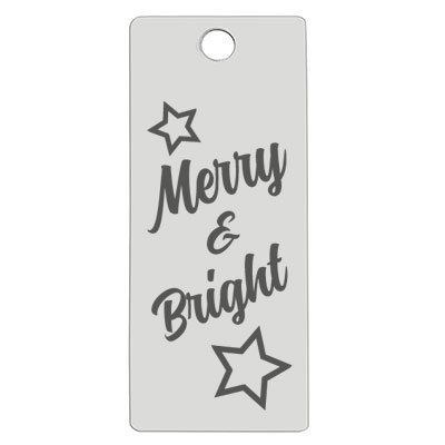 Stainless steel pendant, rectangle, 16 x 38 mm, motif: Merry and Bright, silver-coloured 