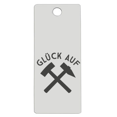 Roestvrij stalen hanger, rechthoek, 16 x 38 mm, motief: Glück Auf, zilverkleurig 
