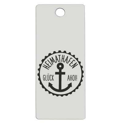 Stainless steel pendant, rectangle, 16 x 38 mm, motif: Home port - Glück Ahoy, silver-coloured 