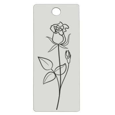Edelstahl Anhänger, Rechteck, 16 x 38 mm, Motiv Geburtsblume Juni "Rose", silberfarben 
