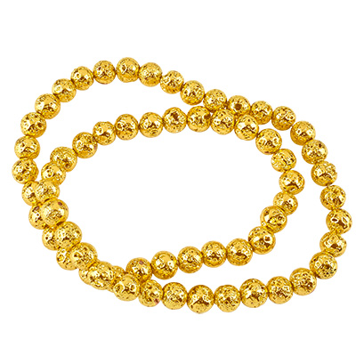 Strand of lava beads, ball, surface gold-coloured galvanised, approx. 6 mm, hole: 1 mm, length 39 cm (approx. 65 beads). 