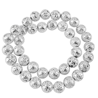 Strand of lava beads, ball, surface silver galvanised, approx. 10 mm, hole: 1.5 mm, length 39 cm (approx. 39 beads). 
