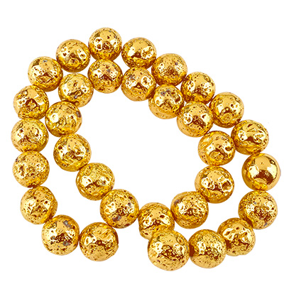 Strand of lava beads, ball, surface gold-coloured galvanised, approx. 12 mm, hole: 1.5 mm, length 39 cm (approx. 30 beads). 