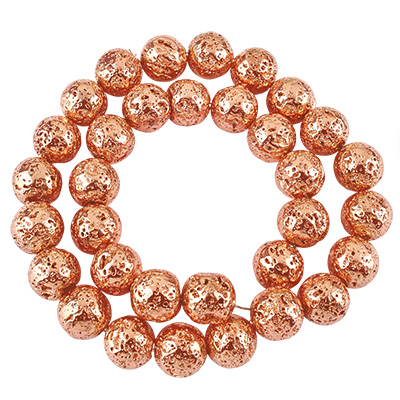 Strang Lavaperlen, Kugel, Oberfläche rosegoldfarben galvanisiert, ca. 12 mm, Bohrung: 1,5 mm, Länge 39 cm (ca. 30 Perlen) 