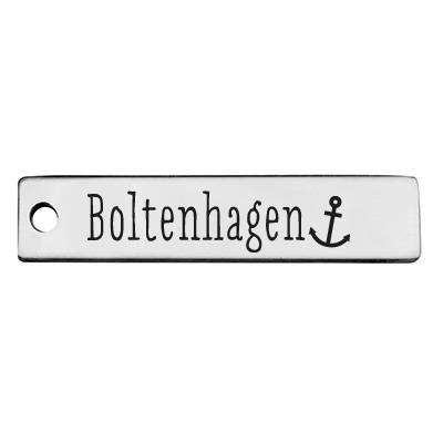 Roestvrij stalen hanger, rechthoek, 40 x 9 mm, motief: Boltenhagen, zilverkleurig 