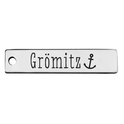 Stainless steel pendant, rectangle, 40 x 9 mm, motif: Grömitz, silver-coloured 