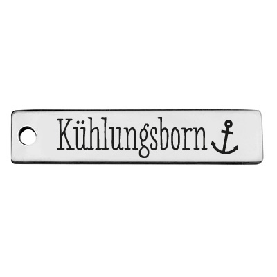 Pendentif en acier fin, rectangle, 40 x 9 mm, motif : Kühlungsborn, argenté 