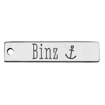 Stainless steel pendant, rectangle, 40 x 9 mm, motif: Binz, silver-coloured 