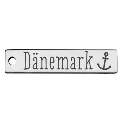 Hanger van roestvrij staal, rechthoek, 40 x 9 mm, motief: Denemarken, zilverkleurig 
