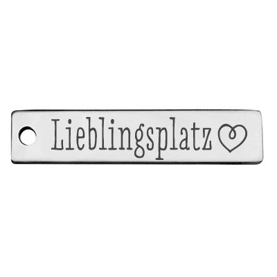 Stainless steel pendant, rectangle, 40 x 9 mm, motif: Favourite place with heart, silver-coloured 