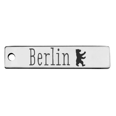 Stainless steel pendant, rectangle, 40 x 9 mm, motif: Berlin with bear, silver-coloured 