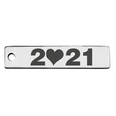 Stainless steel pendant, rectangle, 40 x 9 mm, motif: 2021 with heart, silver-coloured 