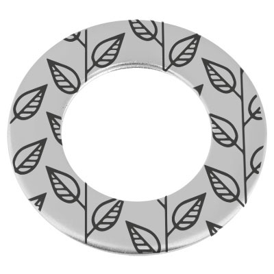 Pendentif en métal Donut, gravure : feuilles, diamètre environ 38 mm, argenté 
