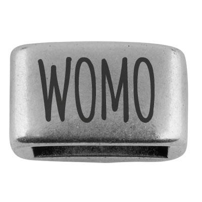 Afstandhouder met gravure "WOMO", 14 x 8,5 mm, verzilverd, geschikt voor 5 mm zeiltouw 