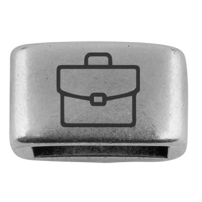 Tussenstukje met gravure "Briefcase", 14 x 8,5 mm, verzilverd, geschikt voor 5 mm zeiltouw 