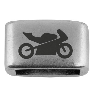 Zwischenstück mit Gravur "Motorrad", 14 x 8,5 mm, versilbert, geeignet für 5 mm Segelseil 