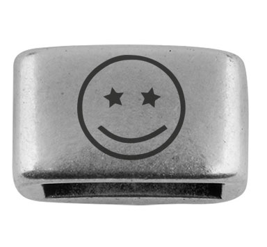 Pièce intermédiaire avec gravure "Smiley avec étoile", 14 x 8,5 mm, argentée, convient pour corde à voile de 5 mm 
