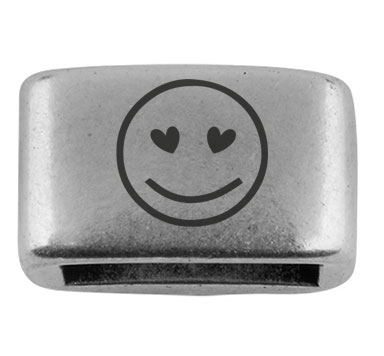 Intermediate piece with engraving "Smiley with little heart", 14 x 8.5 mm, silver-plated, suitable for 5 mm sail rope 