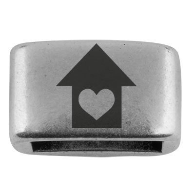 Pièce intermédiaire avec gravure "Maison" avec coeur, 14 x 8,5 mm, argentée, convient pour corde à voile de 5 mm 
