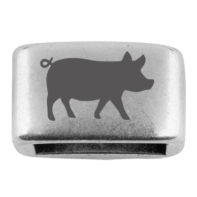 Spacer with engraving "Pig", 14 x 8.5 mm, silver-plated, suitable for 5 mm sail rope 