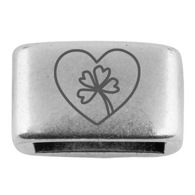 Intermediate piece with engraving "Heart with lucky clover ", 14 x 8.5 mm, silver-plated, suitable for 5 mm sail rope 