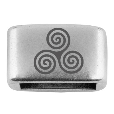 Tussenstukje met gravure "Triskele" Keltisch gelukssymbool, 14 x 8,5 mm, verzilverd, geschikt voor 5 mm zeiltouw 