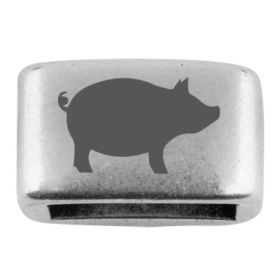 Zwischenstück mit Gravur "Schwein", 14 x 8,5 mm, versilbert, geeignet für 5 mm Segelseil 