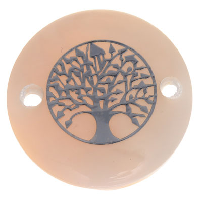 Mother-of-pearl bracelet connector, round, motif tree of life silver-coloured, diameter 16 mm 