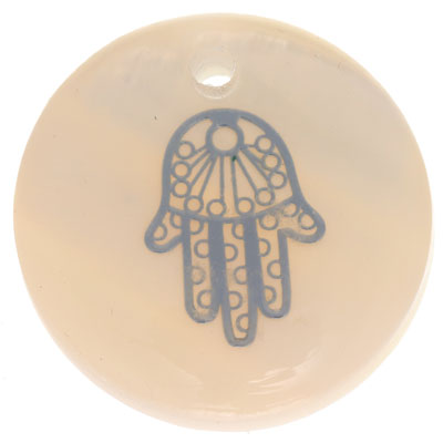 Mother-of-pearl pendant, round, motif Hamsa silver-coloured, diameter 16 mm 