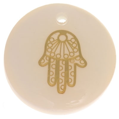 Mother-of-pearl pendant, round, motif Hamsa gold-coloured, diameter 16 mm 