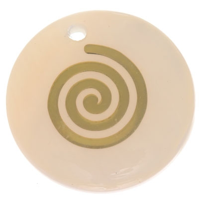 Mother-of-pearl pendant, round, motif spiral gold-coloured, diameter 16 mm 