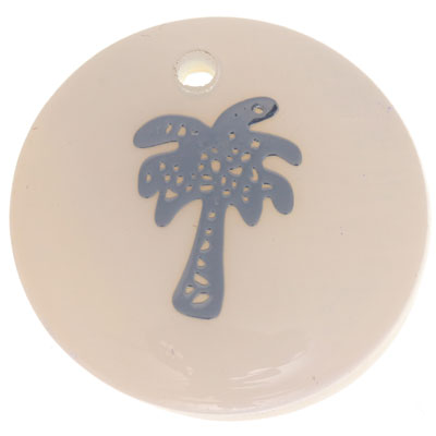Pendentif nacre, rond, motif palmier argenté, diamètre 16 mm 