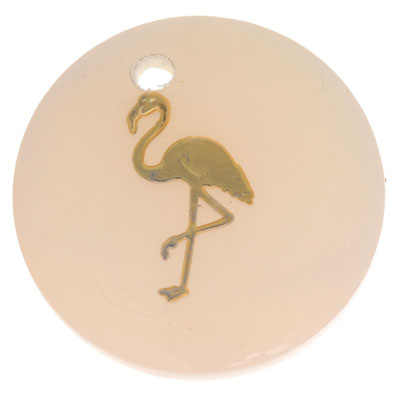 Parelmoer hanger, rond, motief flamingo goudkleurig, diameter 16 mm 