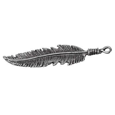 Metal pendant feather, XXL pendant, 66.8 x 17 mm, silver-plated 