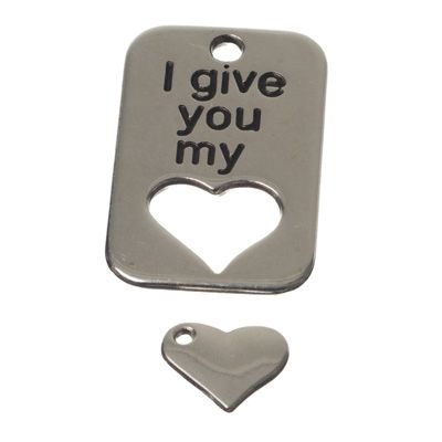 Metal pendant set heart, 30 x 19 mm and 9 x 11 mm, 2 parts, silver-plated 