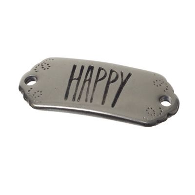 Metallanhänger / Armbandverbinder, "Happy", 29 x 12 mm, versilbert 