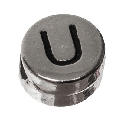 Metalen kraal, rond, letter U, diameter 7 mm, verzilverd 