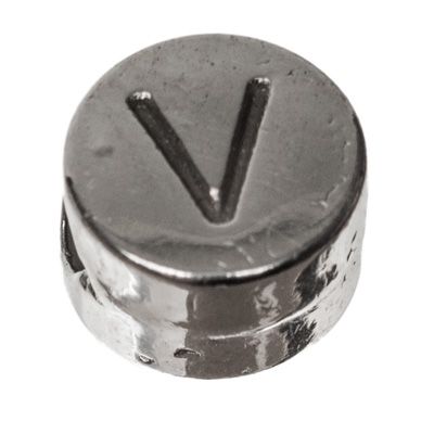 Metalen kraal, rond, letter V, diameter 7 mm, verzilverd 