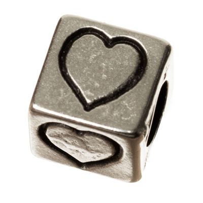 Metalen kraal, kubus, hart, ca. 7 mm, verzilverd 