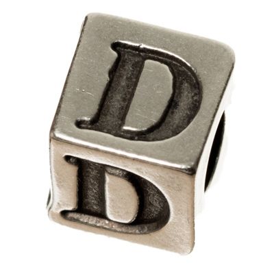 Metalen kraal, kubus, letter D, ca. 7 mm, verzilverd 