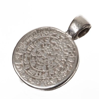 Metal pendant disc with ethnic pattern, 22 x 16 mm, silver-plated 