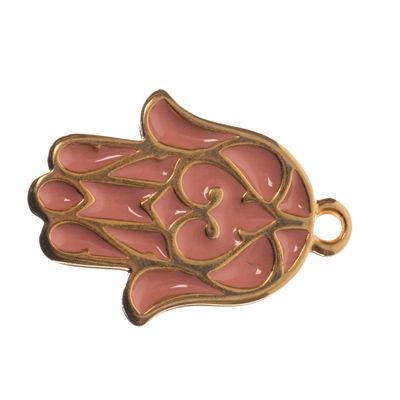 Metal pendant Hamsa, 19.5 x 17 mm, gold-plated and pink enamelled 