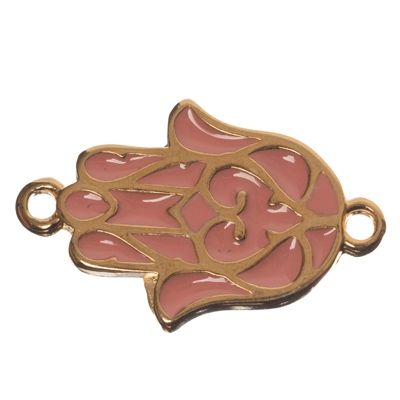 Connecteur de bracelet Hamsa, 21,5 x 13,5 mm, doré, émaillé rose 