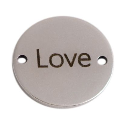 Munt armband connector "Love" lettering, 15 mm, verzilverd, motief laser-gegraveerd 