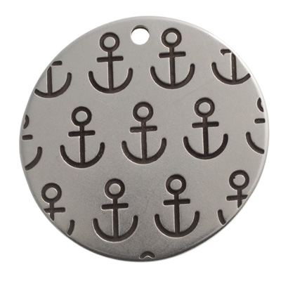 Metal pendant disc with anchor motif, 30 mm, silver-plated 