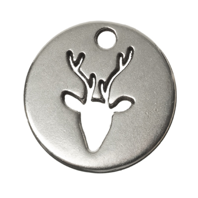 Pendentif en métal, disque avec tête de cerf, 18,0 mm, argenté 
